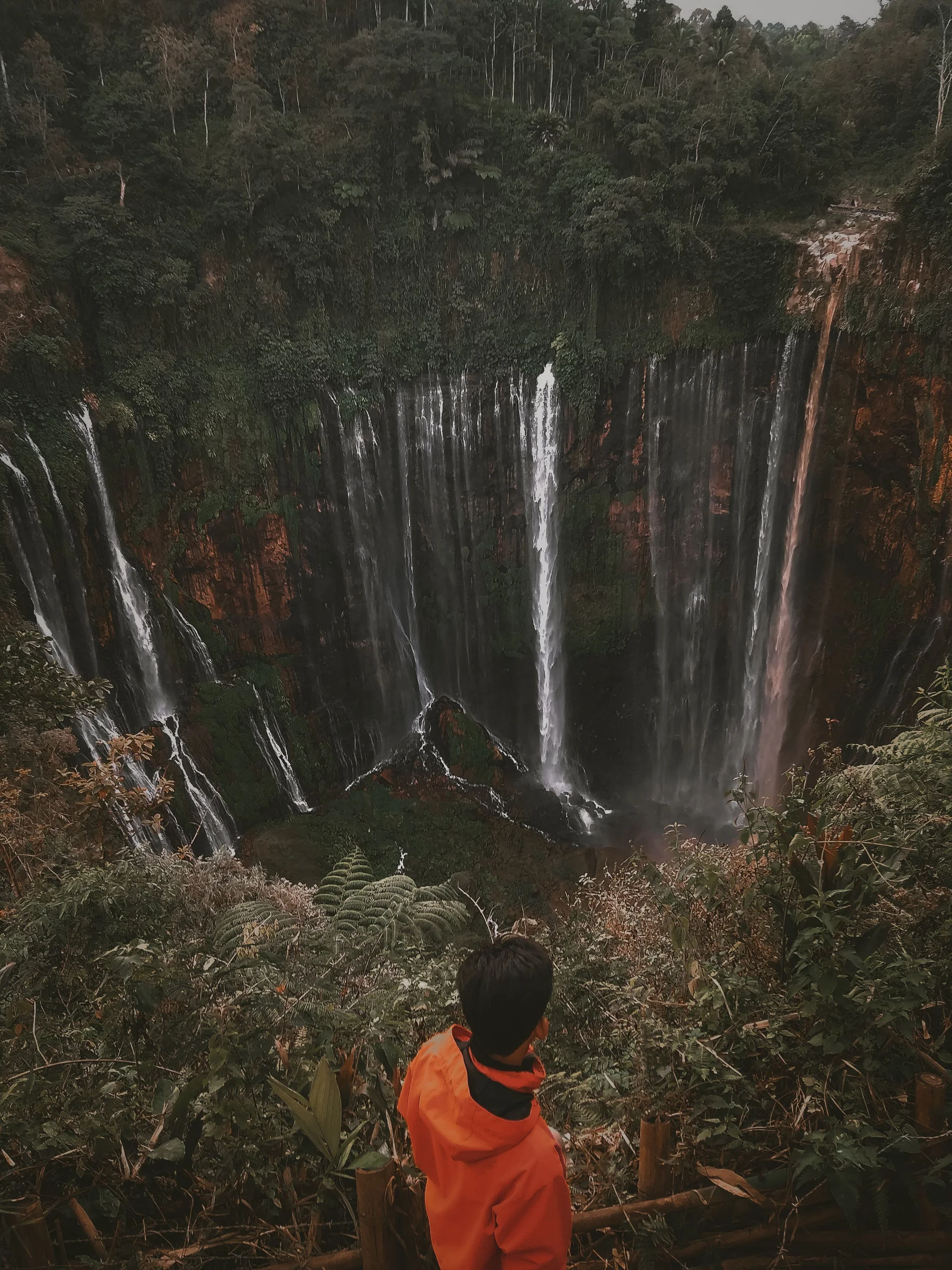 Pengunjung memandang Air Terjun Tumpak Sewu dari area hijau